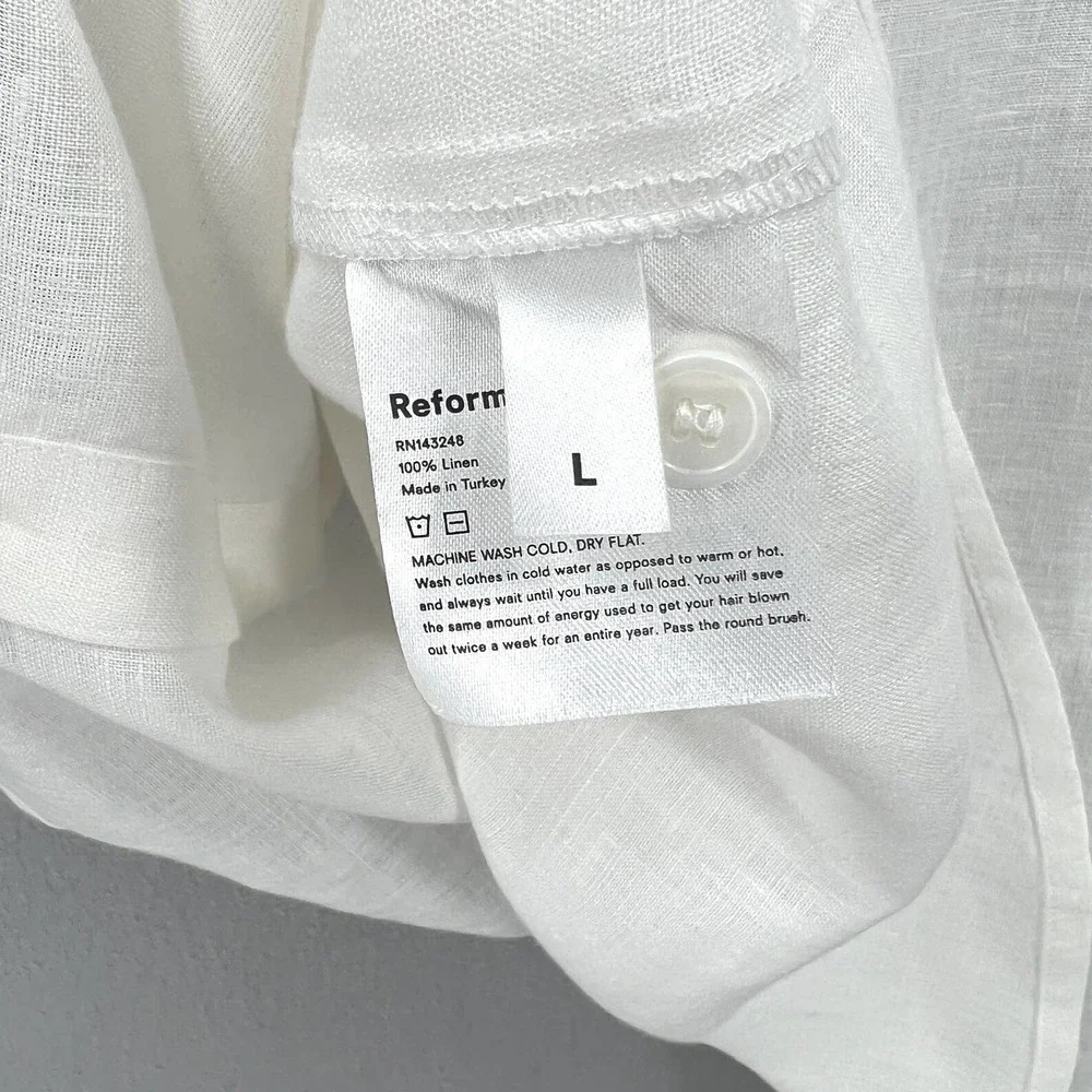 REFORMATION Sky Top Relaxed Linen Shirt Womens Large White Long Sleeve Button Up - Picture 14 of 14
